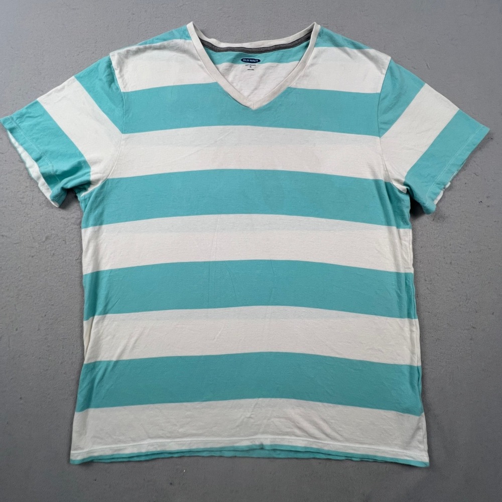 Old Navy V-Neck T-Shirt Mens XL Teal White Striped Soft-Washed Rugby Casual Tee